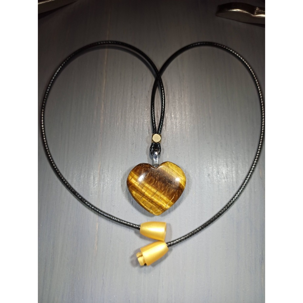 TrailerSpark Golden Tiger Eye Heart Pendant Necklace Waxed Cord Breakaway 18 In